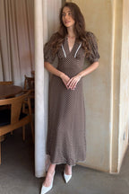 Polka Dot V-Neck Puff Bodycon Maxi Dress