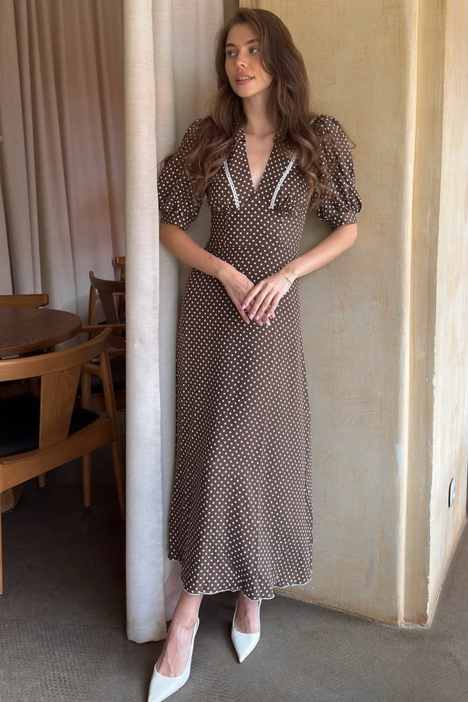Polka Dot V-Neck Puff Bodycon Maxi Dress
