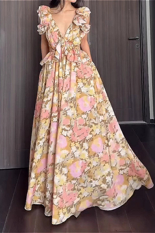 Floral Ruffle V-Neck Slim Dress