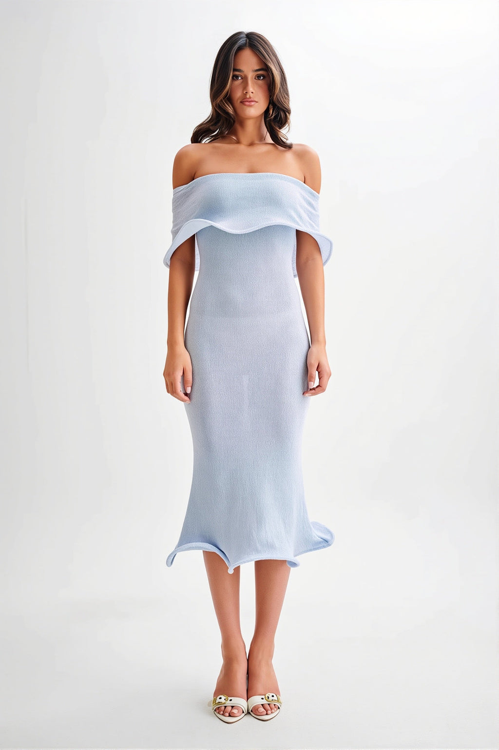 Off-Shoulder Ruffle Knit Midi Dress