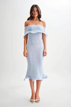 Off-Shoulder Ruffle Knit Midi Dress