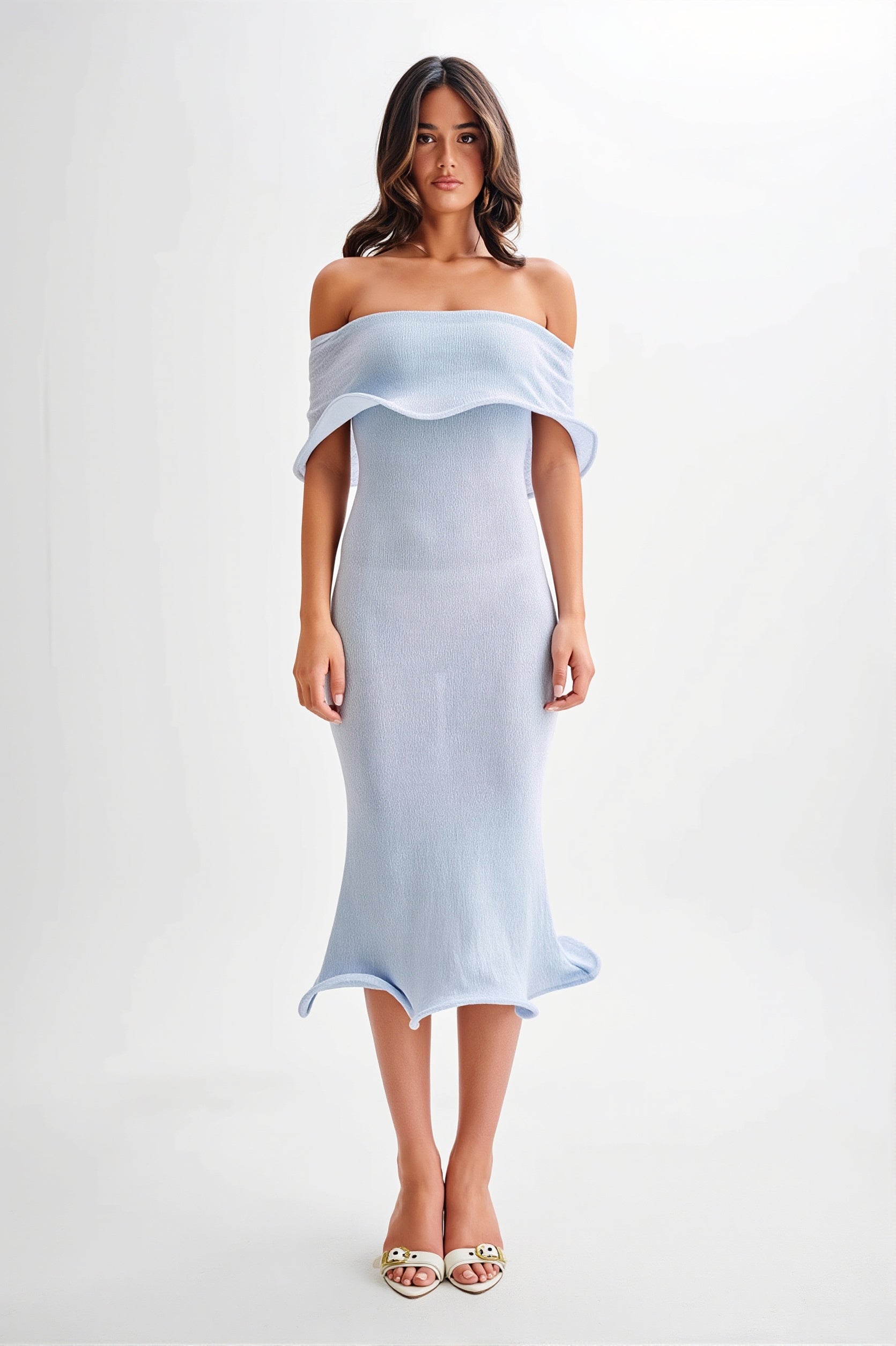 Off-Shoulder Ruffle Knit Midi Dress