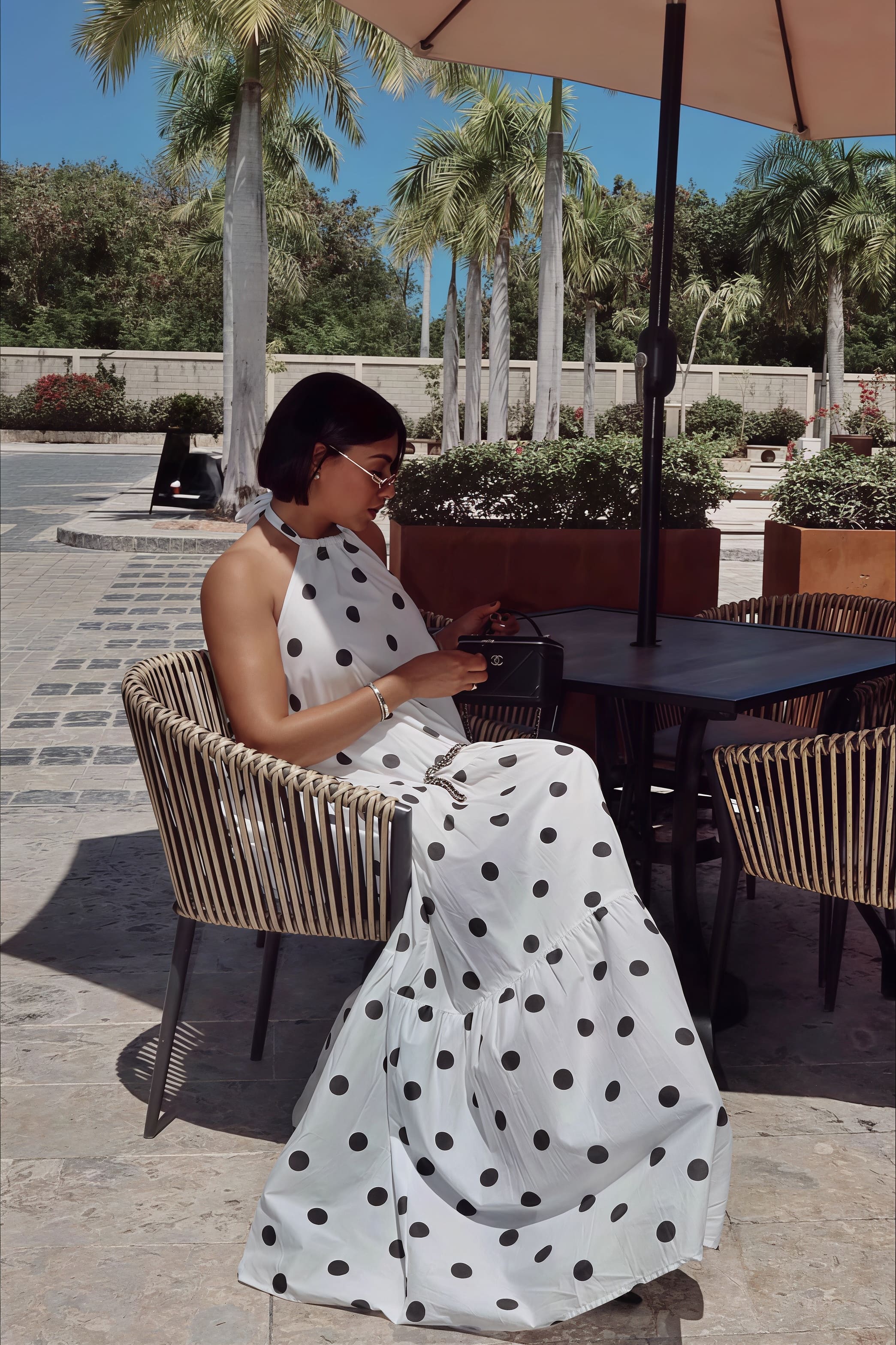 Polka Dot Patchwork Halter Swing Maxi Dress