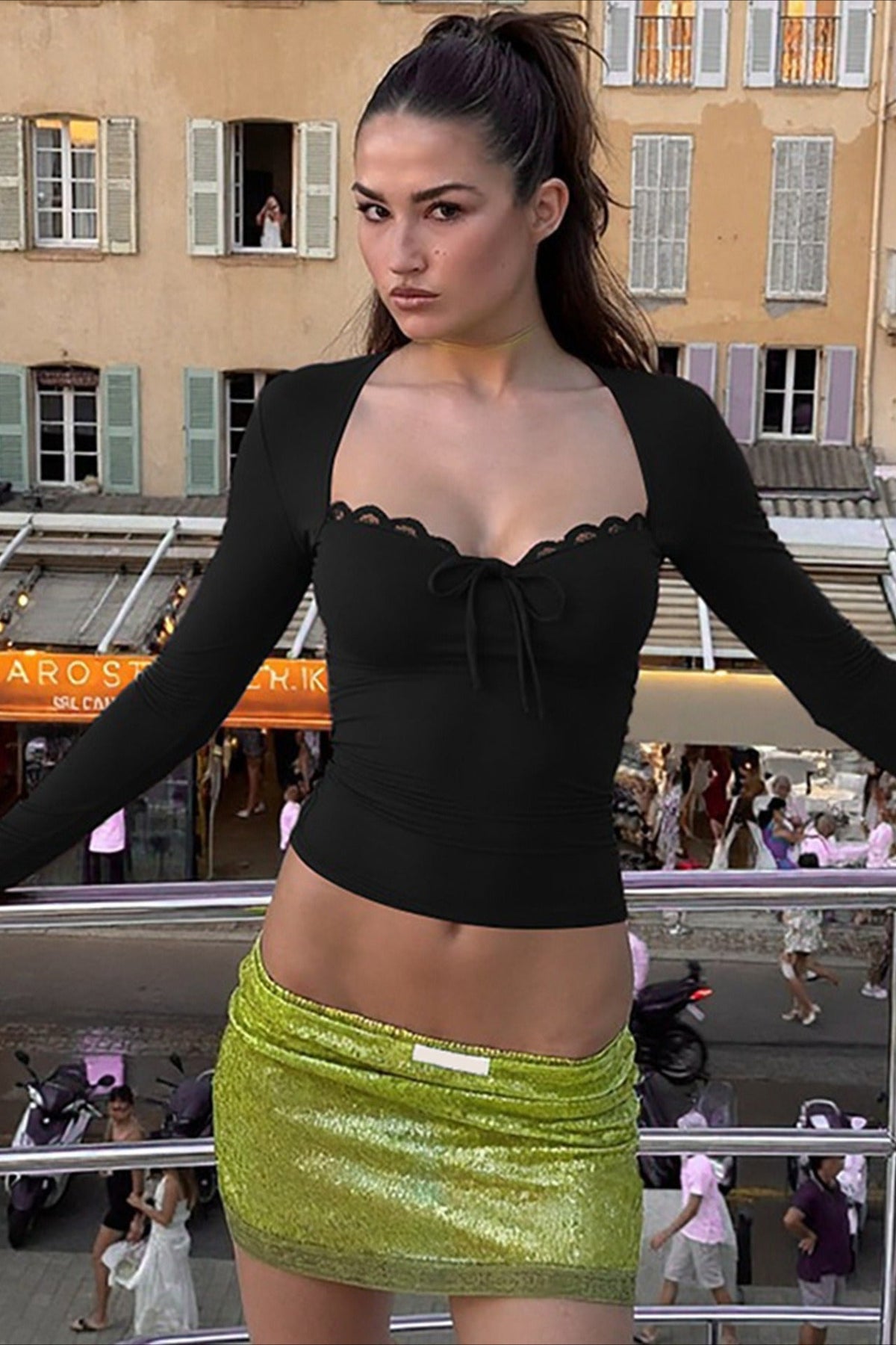 Lace-Patchwork Slim Long-Sleeve Top