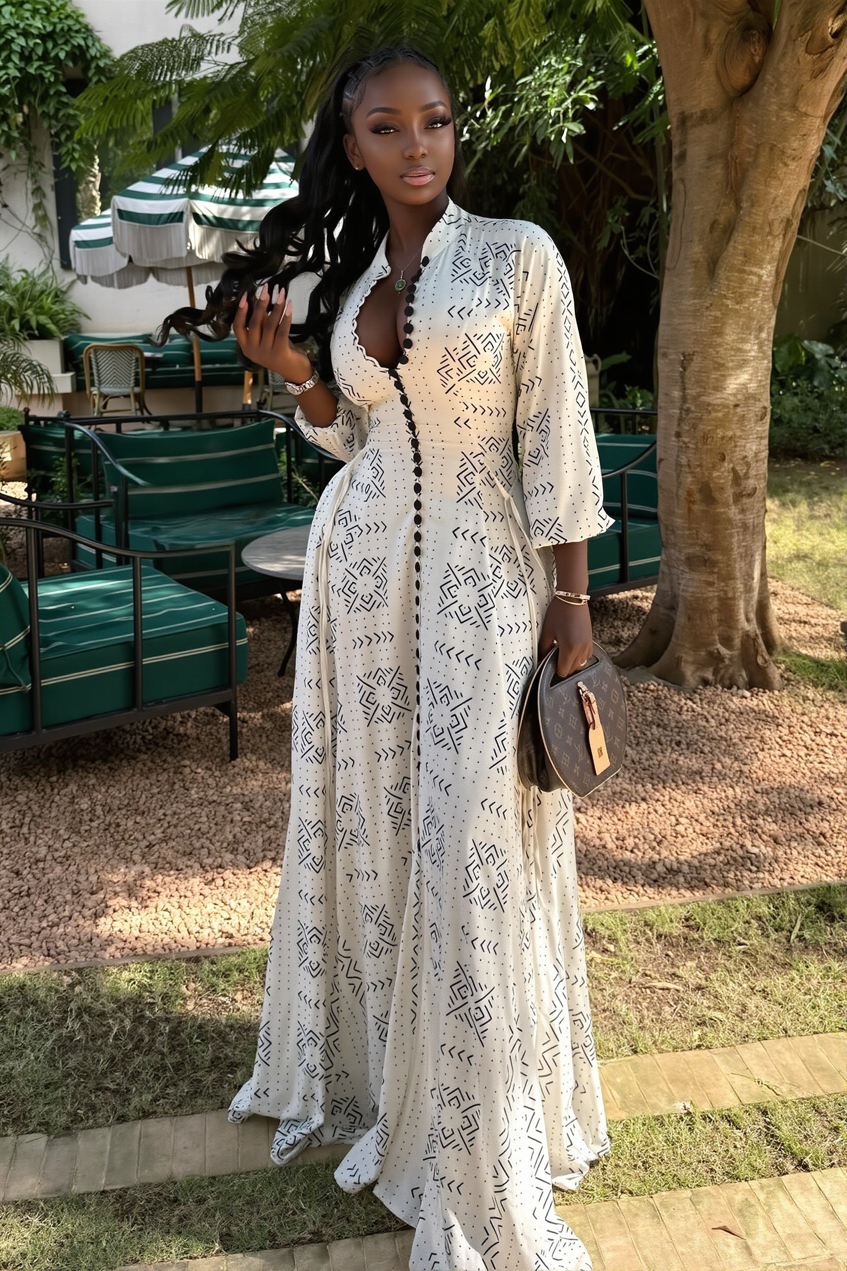 Stand-Collar Button-Front Maxi Dress