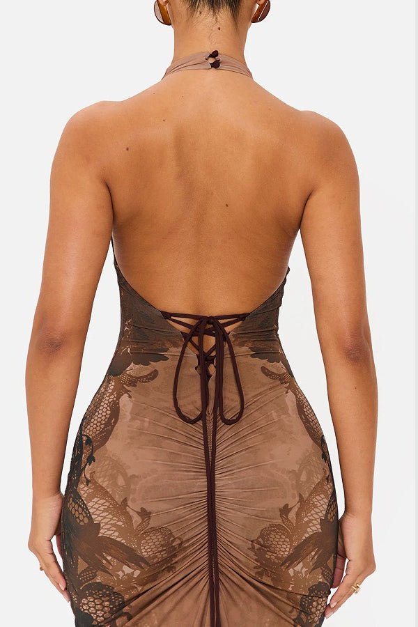 Lace-Pattern Halter Backless Maxi Dress