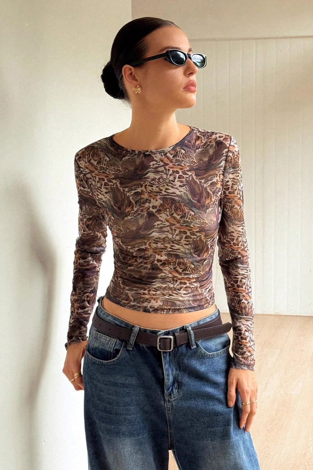 Leopard Mesh Sheer Long-Sleeve Top