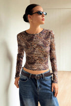 Leopard Mesh Sheer Long-Sleeve Top