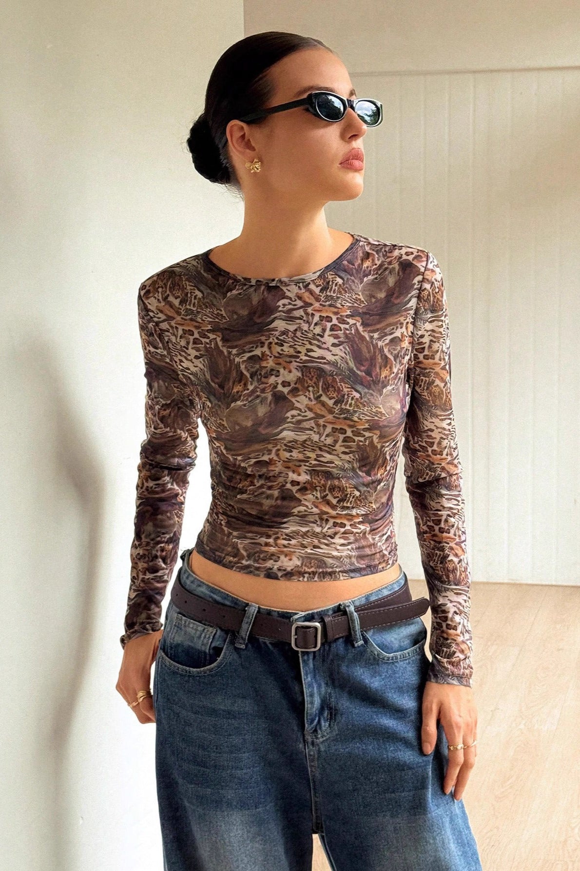 Leopard Mesh Sheer Long-Sleeve Top