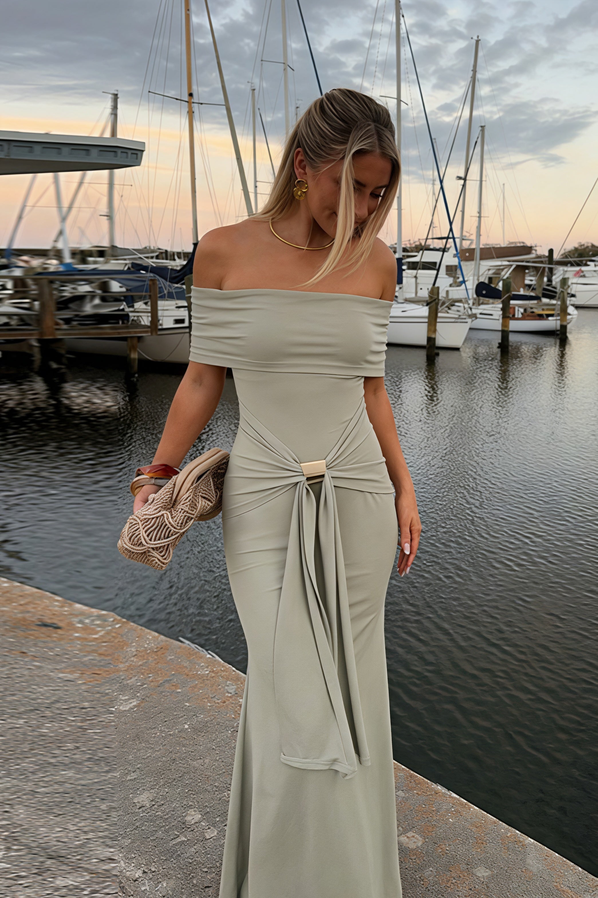 Off-Shoulder Tie-Strap Bodycon Maxi Dress