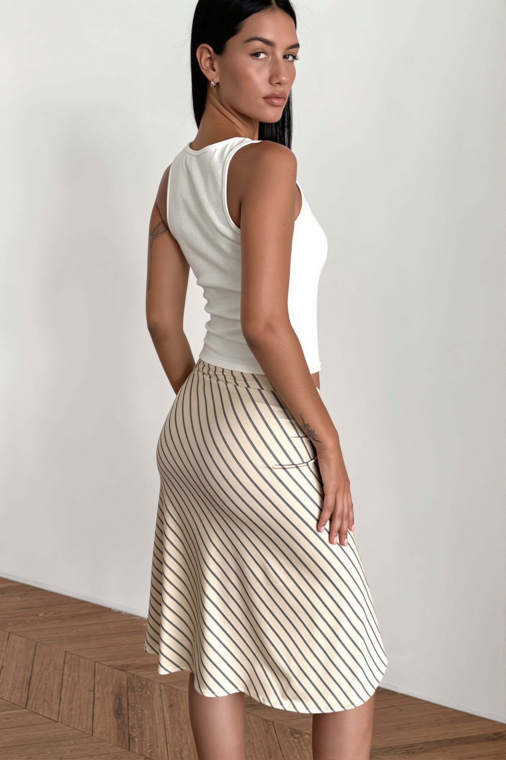 Striped Irregular Midi Skirt