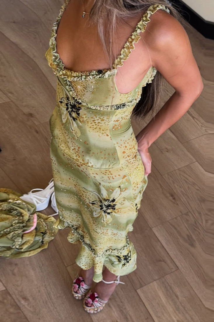 Floral V-Neck Ruched Ruffle Midi Dress