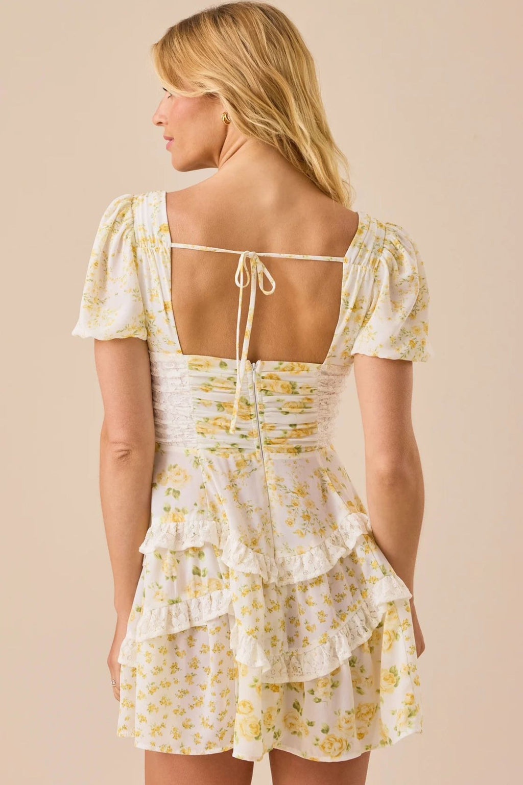 Floral Lace-Patchwork Puff-Sleeve Mini Dress