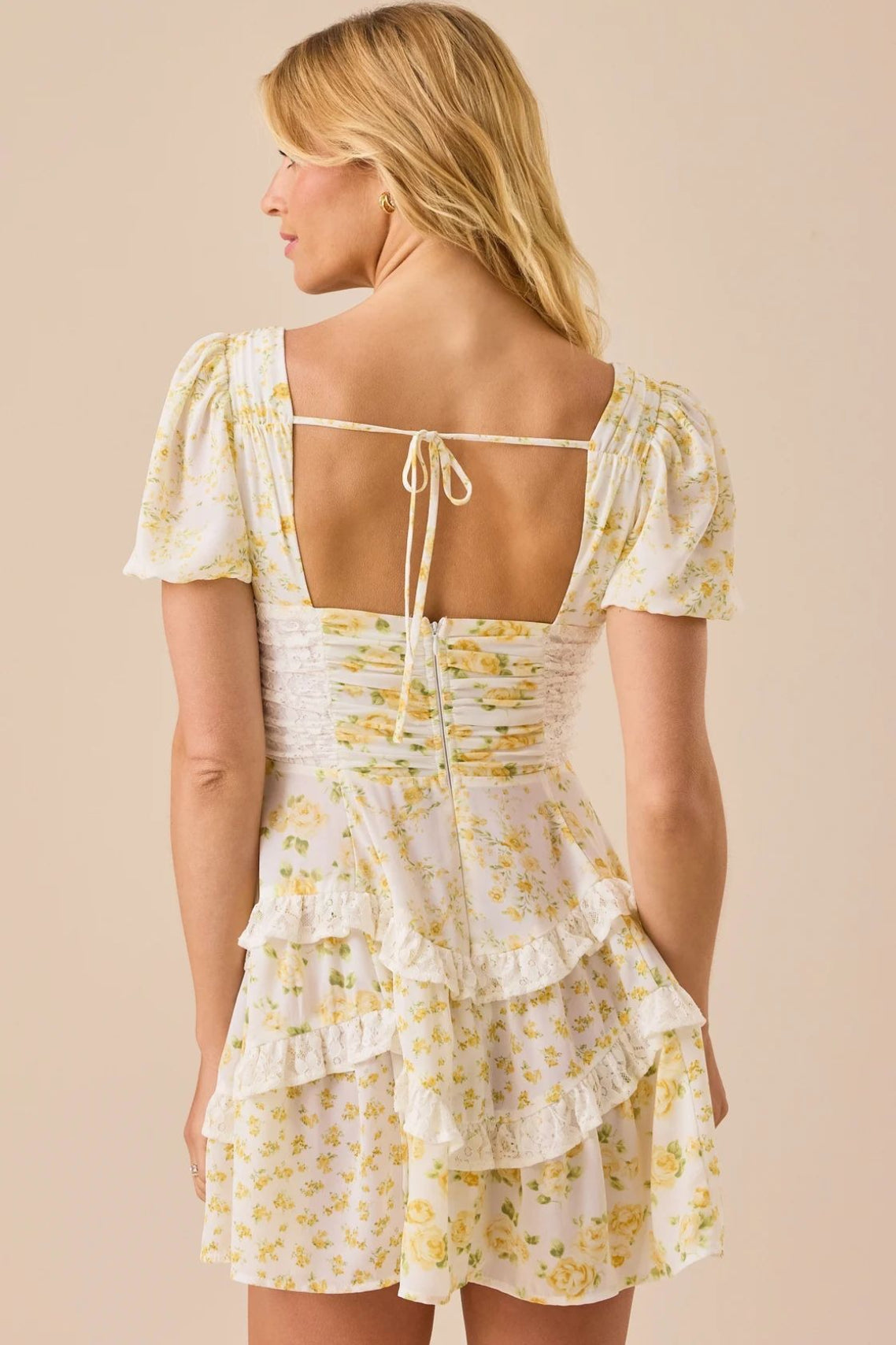 Floral Lace-Patchwork Puff-Sleeve Mini Dress