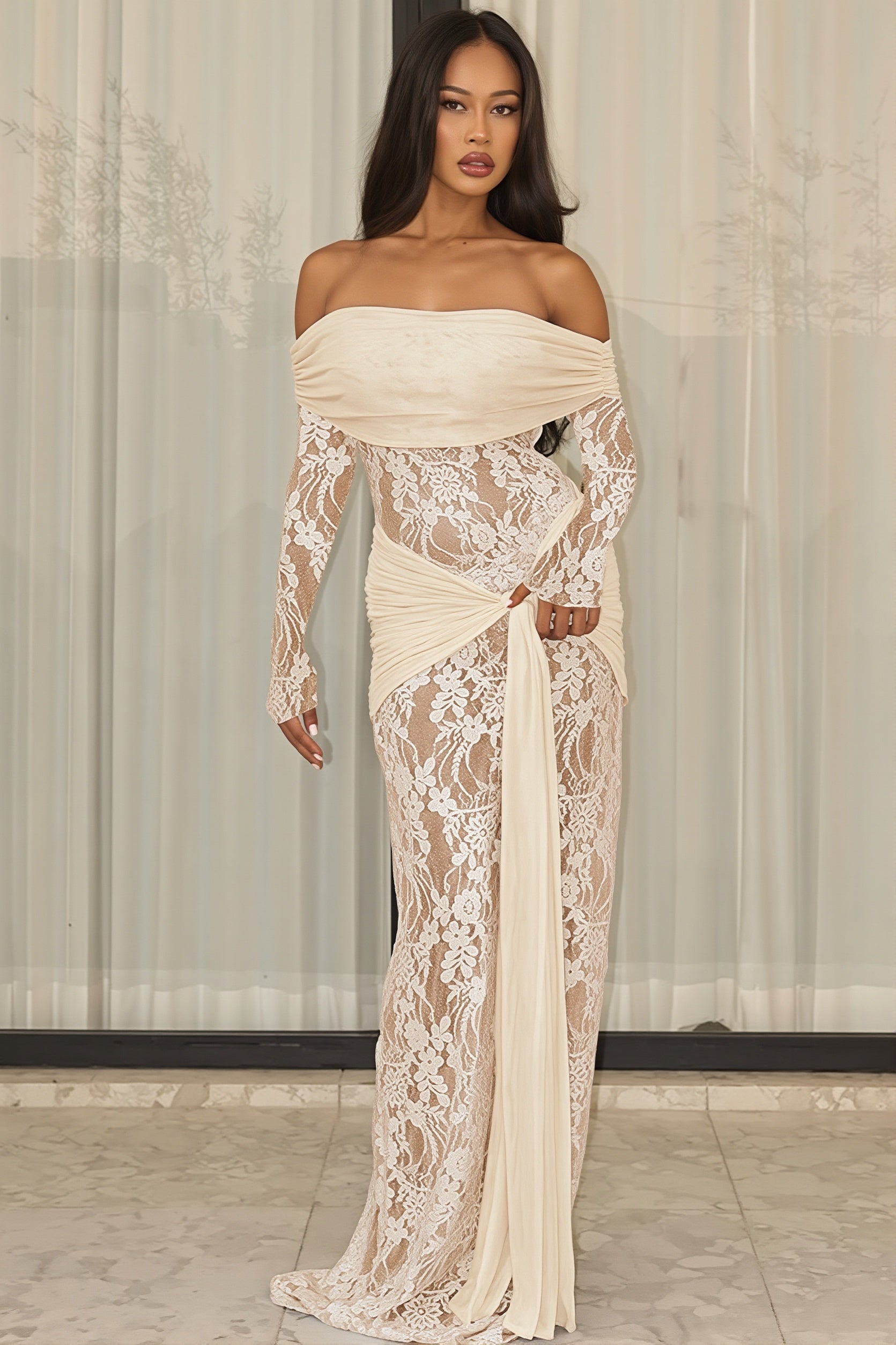 Lace-Trim Off-Shoulder Wrap Maxi Dress