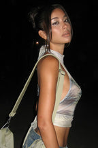 Butterfly-Print High-Neck Halter Top