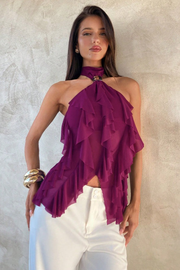 Solid Ruffle Halter Top