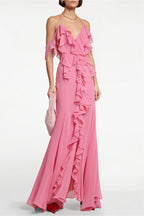 Deep-V Halter Ruffle Maxi Dress