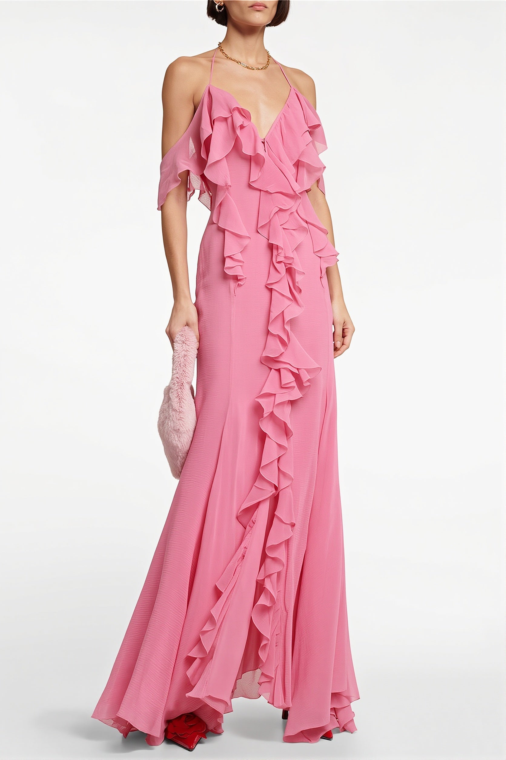 Deep-V Halter Ruffle Maxi Dress