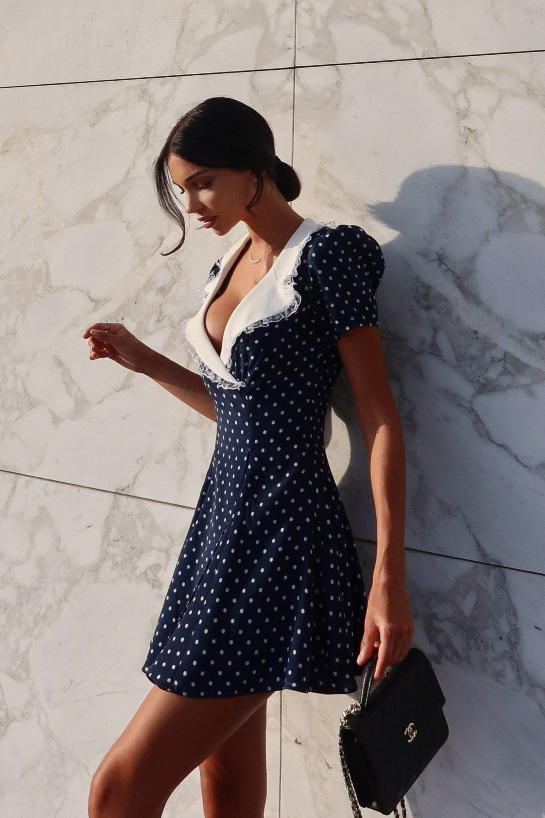 Polka Dot Lace-Trim V-Neck Mini Dress