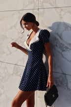 Polka Dot Lace-Trim V-Neck Mini Dress