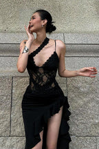 Lace-Patch Sheer Mini Dress