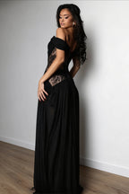 Draped Off-Shoulder Lace Slit Maxi Dress