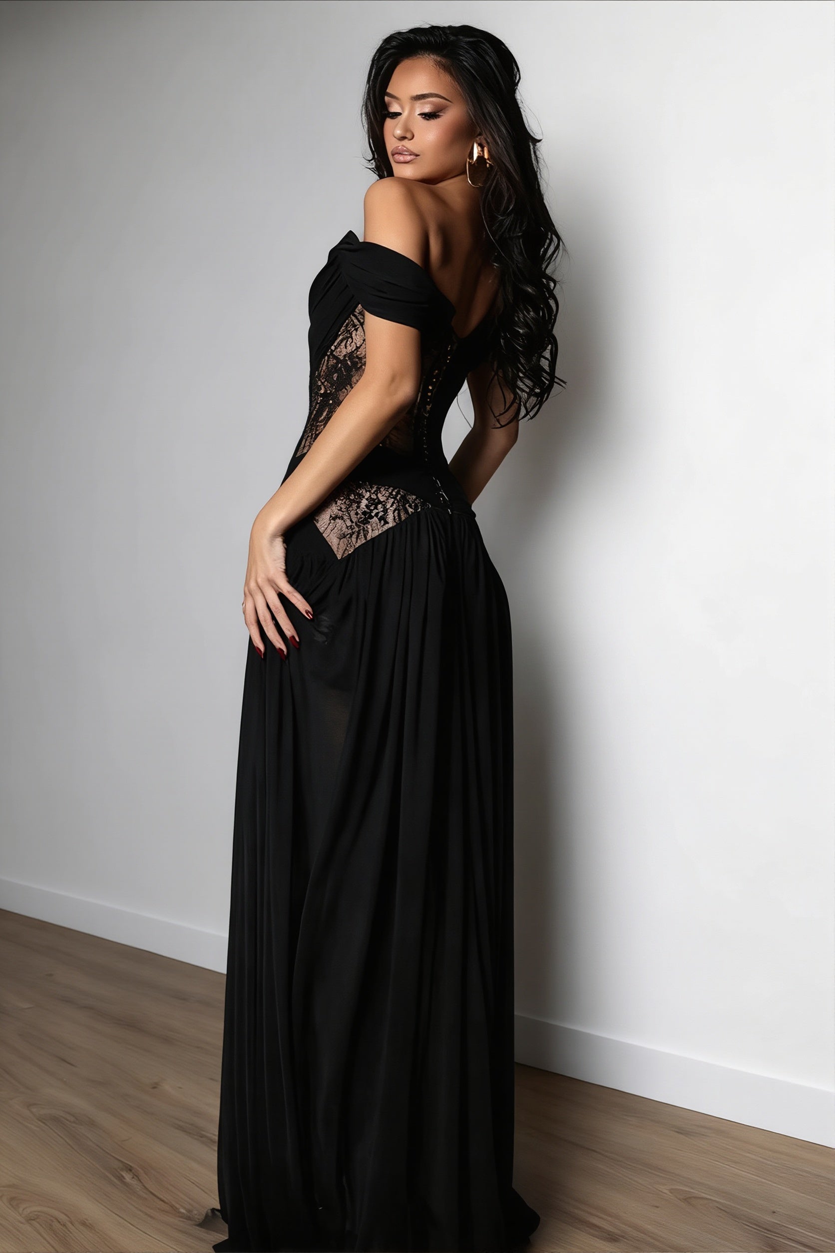Draped Off-Shoulder Lace Slit Maxi Dress