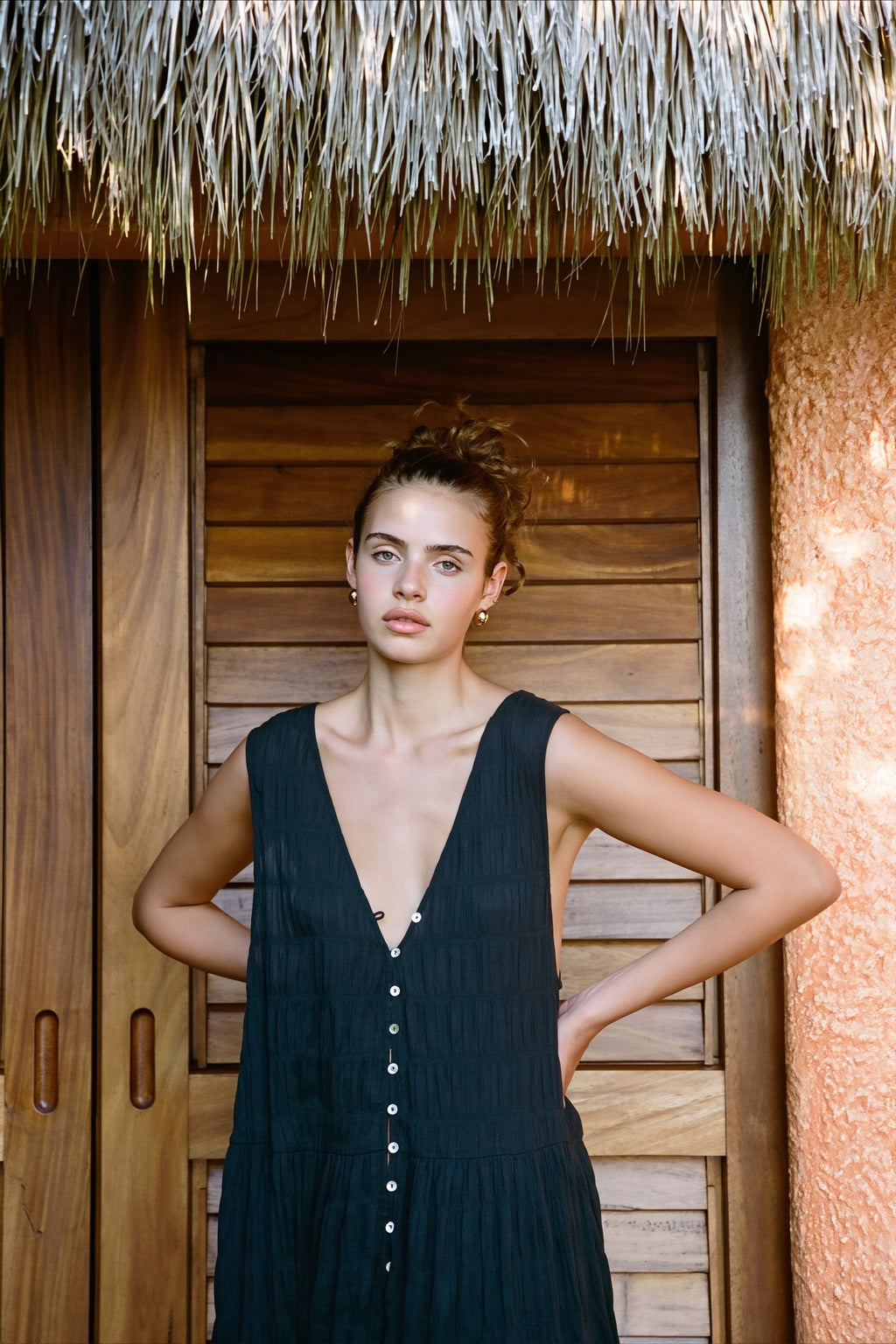Chiffon V-Neck Button Swing Maxi Dress