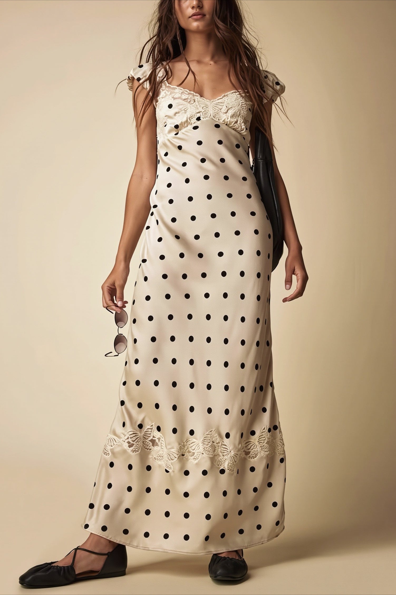 Polka Dot Lace-Splice Satin Maxi Dress