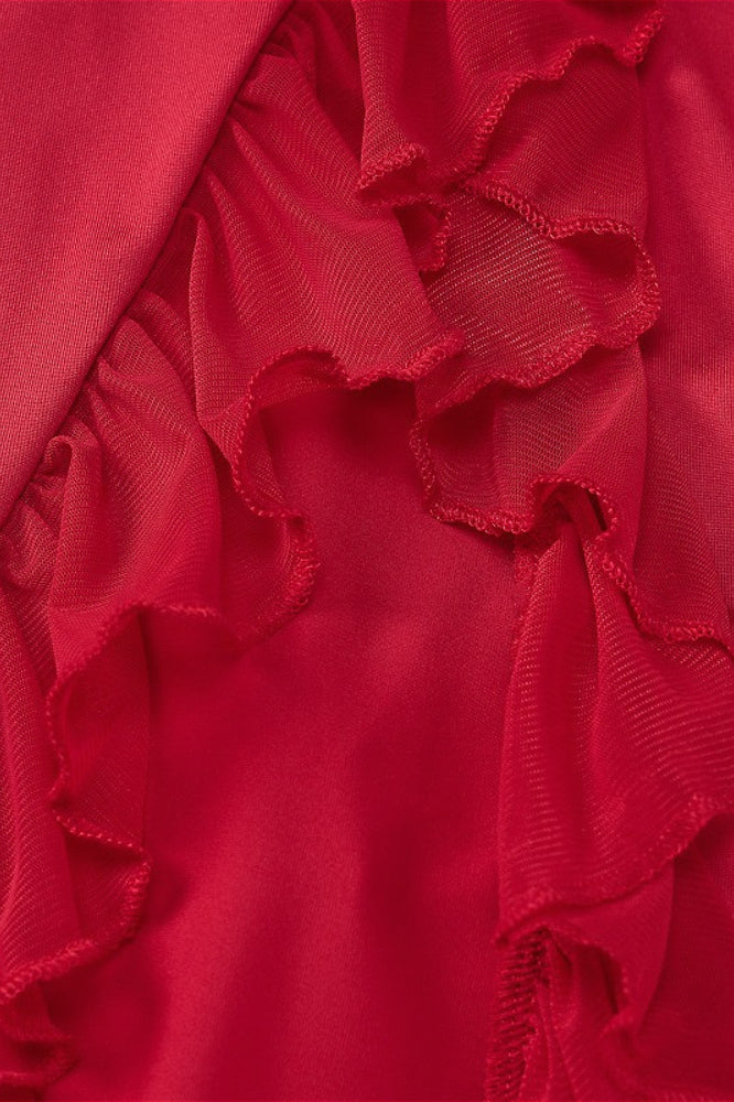 Ribbon Ruffle-Splice Slit Maxi Dress
