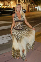 Deep-V Leopard Flared-Hem Maxi Dress