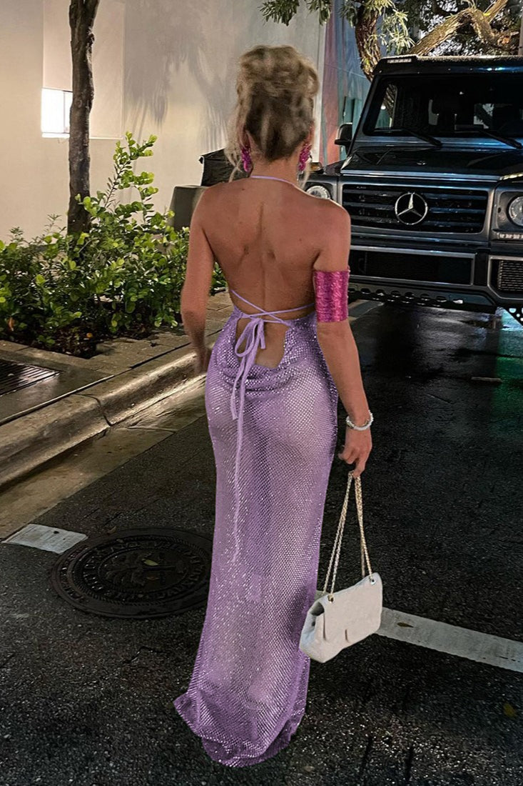 Halter Ruched Cutout-Back Bodycon Maxi Dress