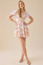 Floral Lace-Patchwork Puff-Sleeve Mini Dress