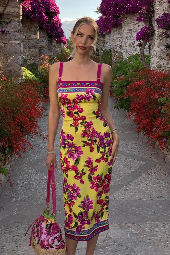 Vintage-Print Cami Slim Midi Dress