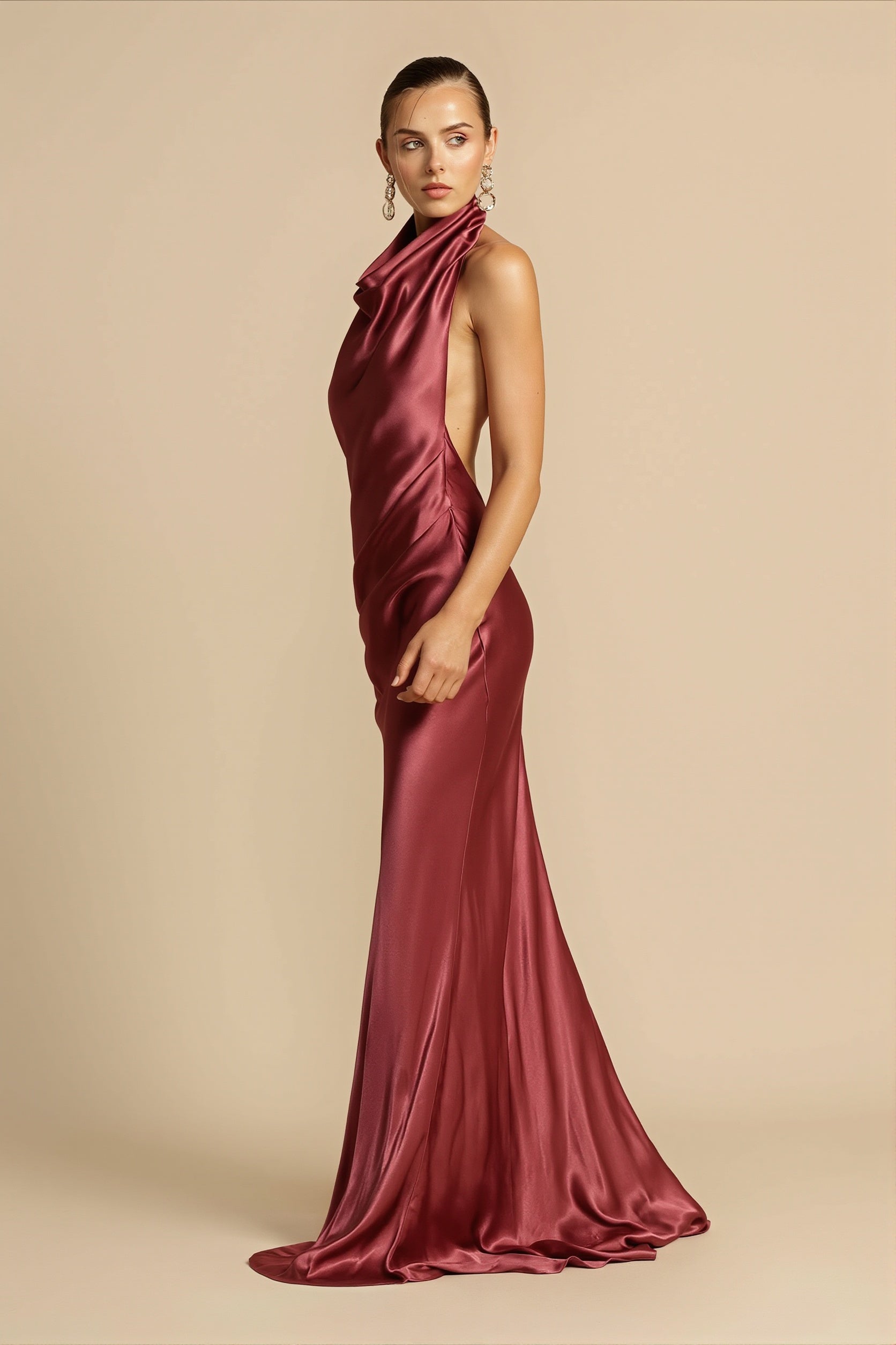 Satin Halter Backless Maxi Dress