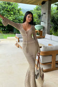 Ribbed-Knit V-Neck Waist-Cinch Maxi Dress