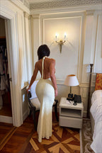 Lace Halter Tie-Back Bodycon Maxi Dress