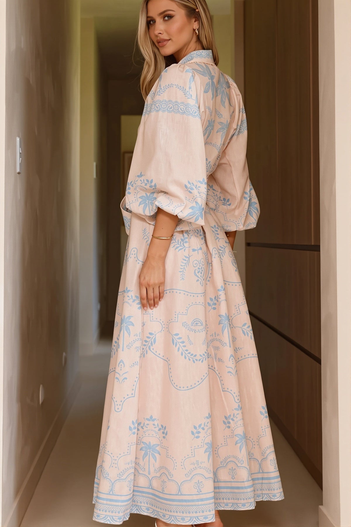 Linen Puff-Sleeve Boho Dress