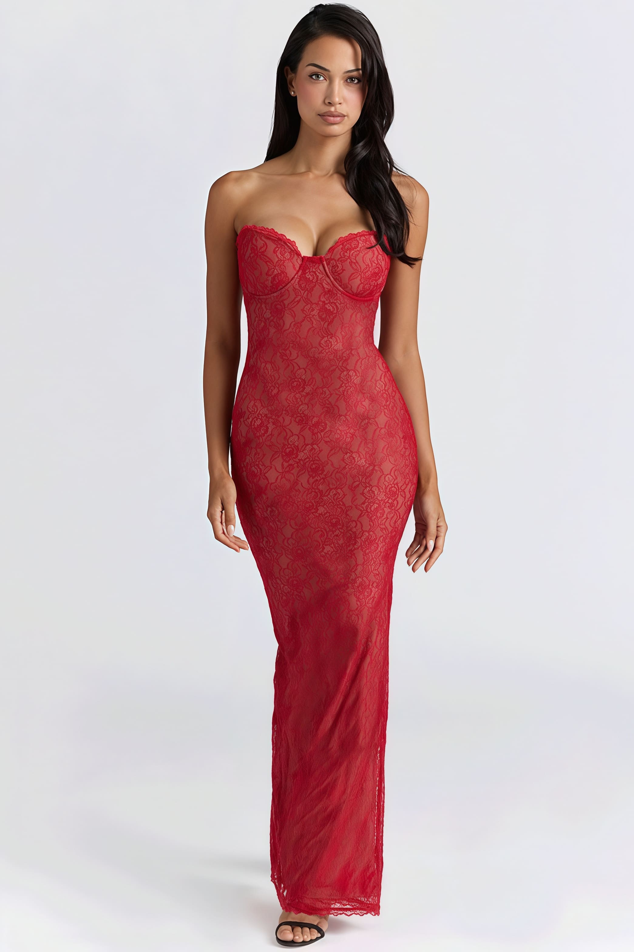 Lace Sheer-Shawl Bandeau Maxi Dress
