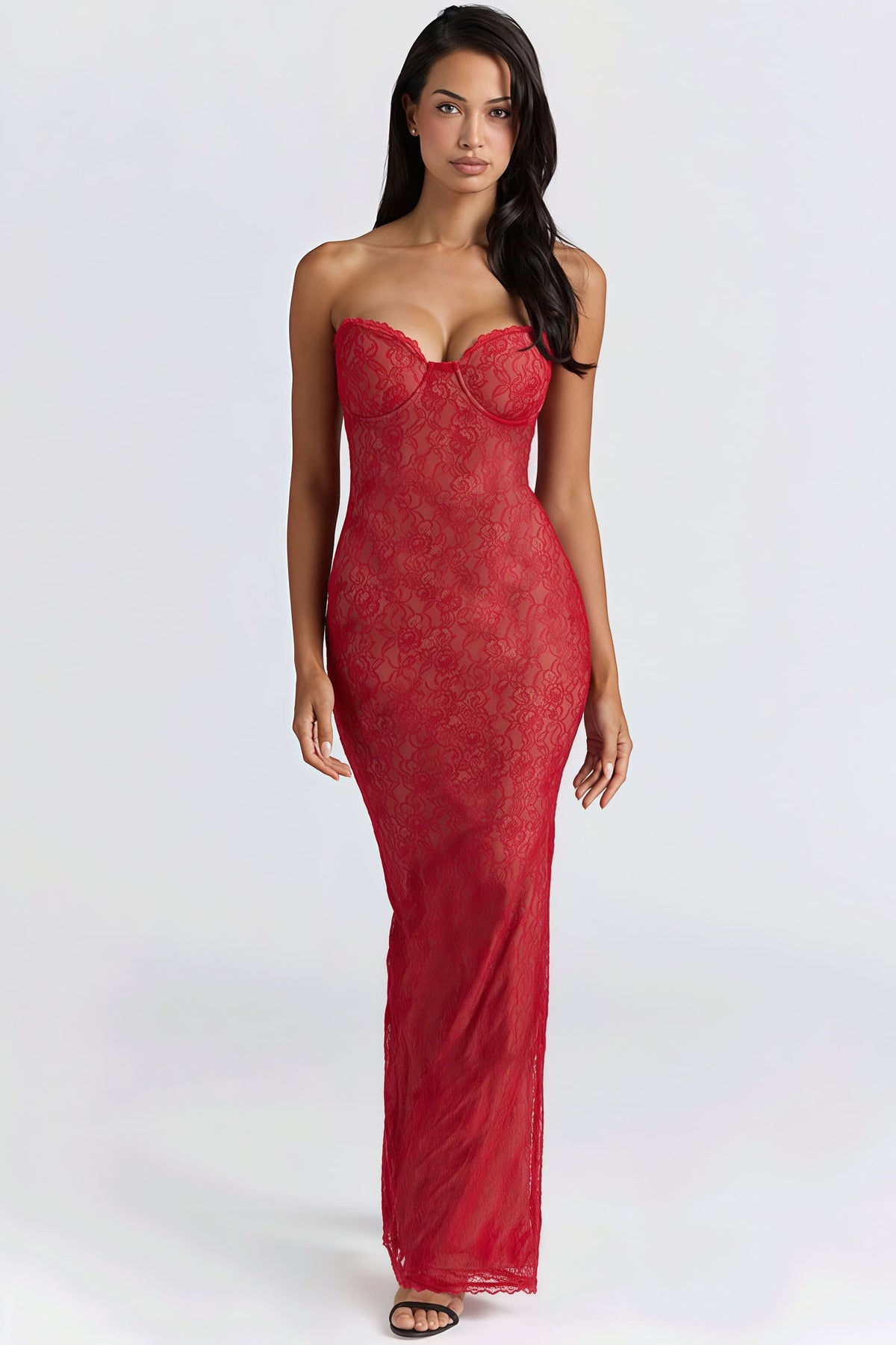 Lace Sheer-Shawl Bandeau Maxi Dress