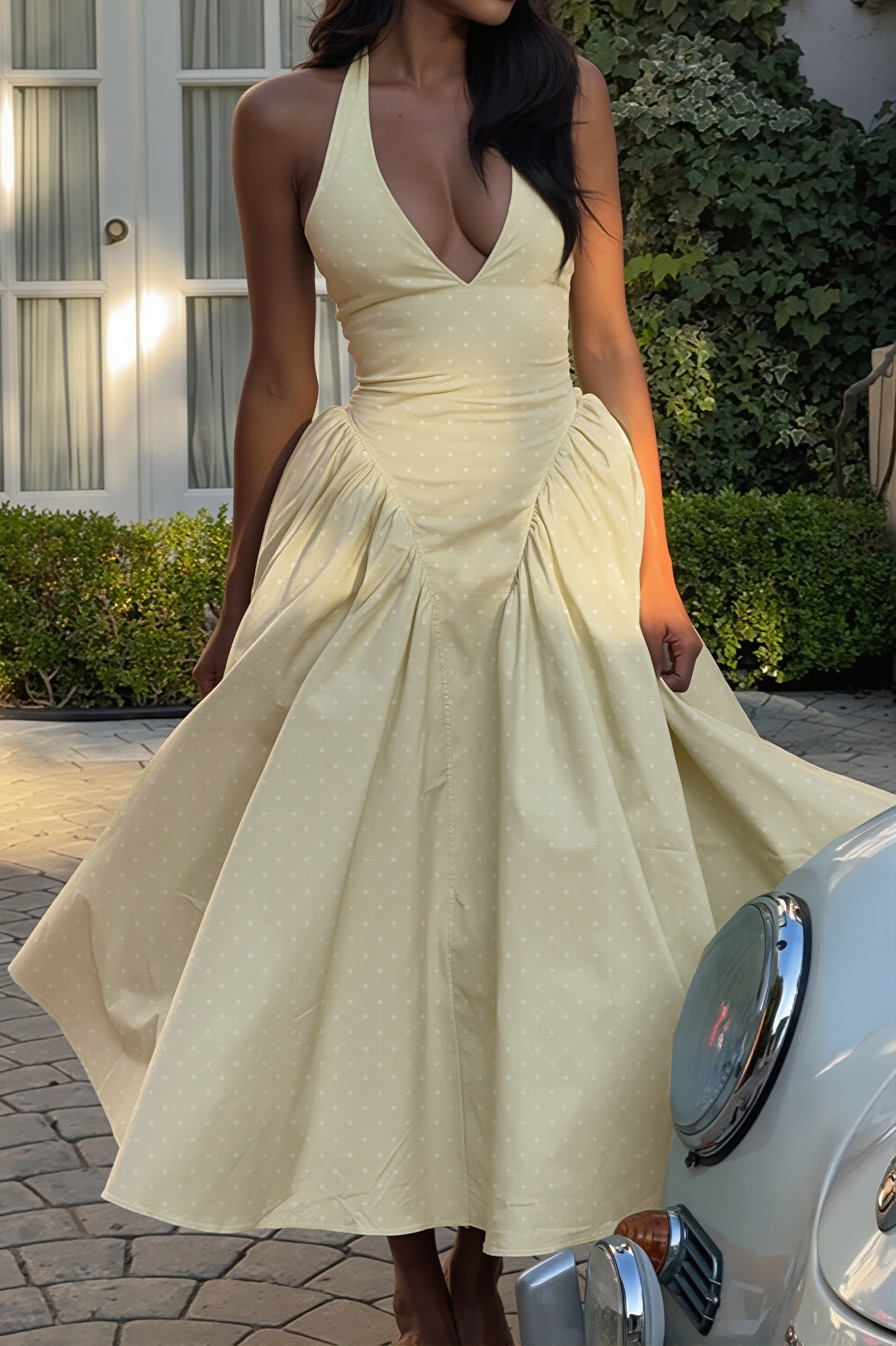 Polka Dot Halter Deep-V Maxi Dress