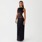 Lace-Satin Backless Maxi Dress