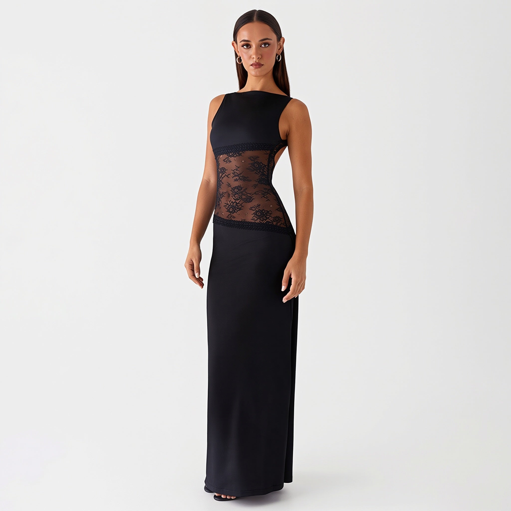Lace-Satin Backless Maxi Dress
