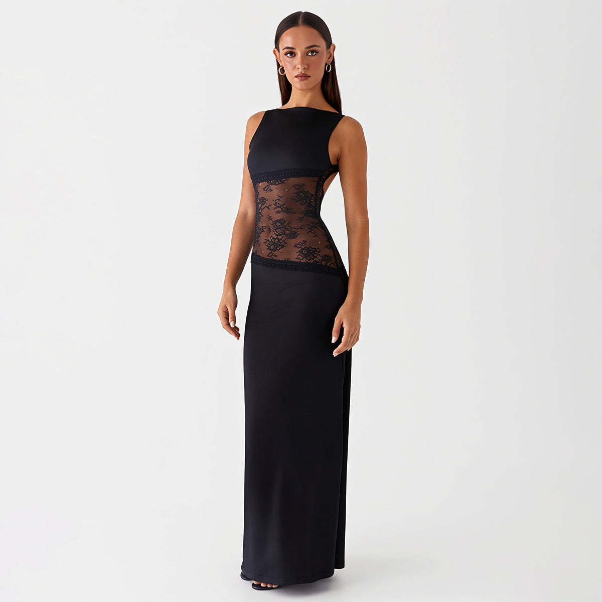 Lace-Satin Backless Maxi Dress