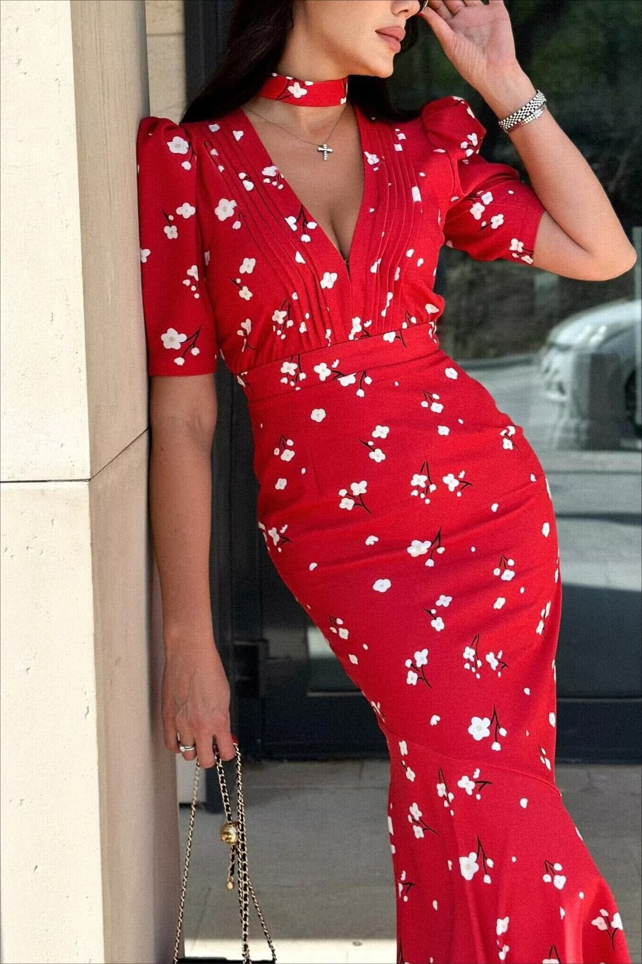 Floral Puff-Sleeve Fitted Dress