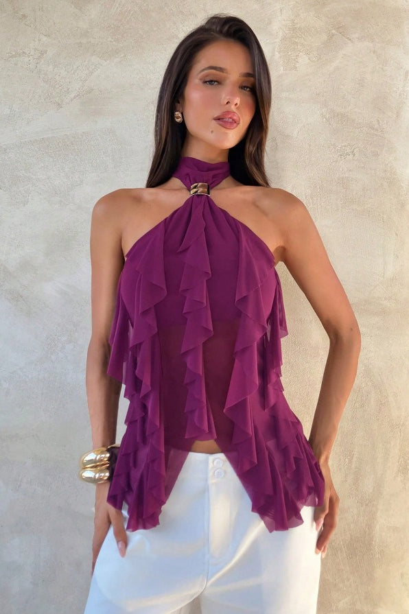 Solid Ruffle Halter Top