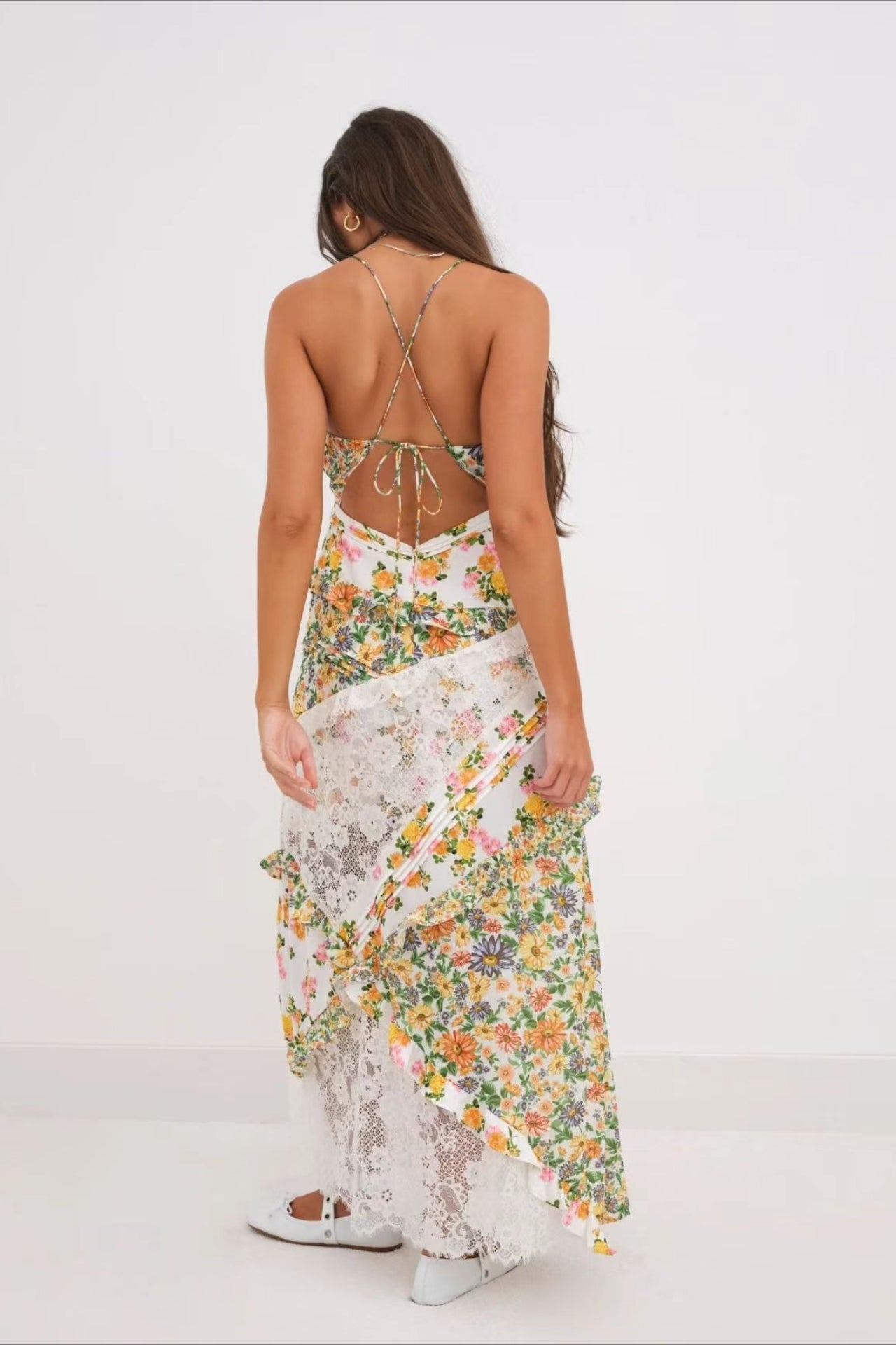 Floral Lace-Patchwork Ruffle Cami Maxi Dress