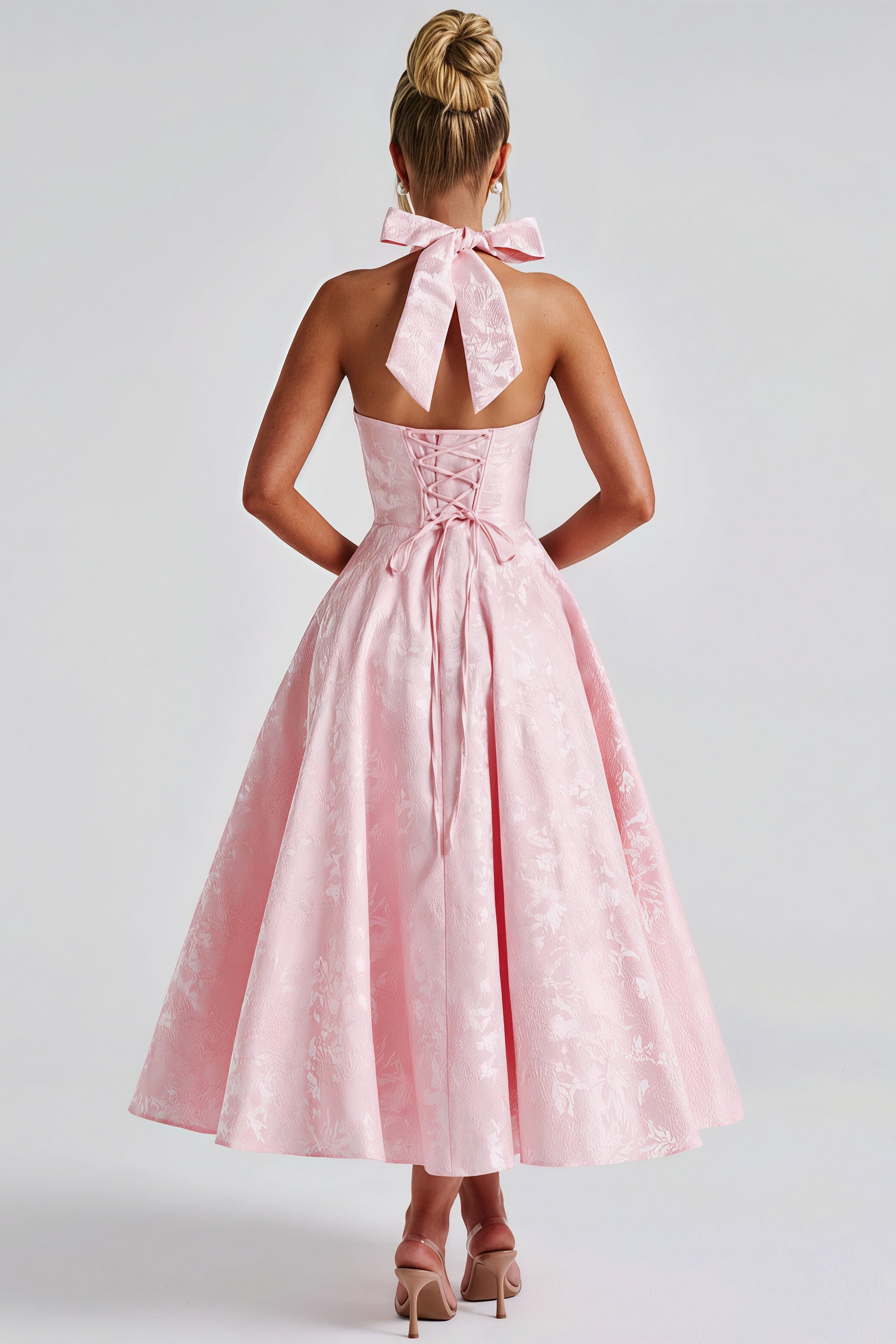 Jacquard Halter Backless Midi Dress