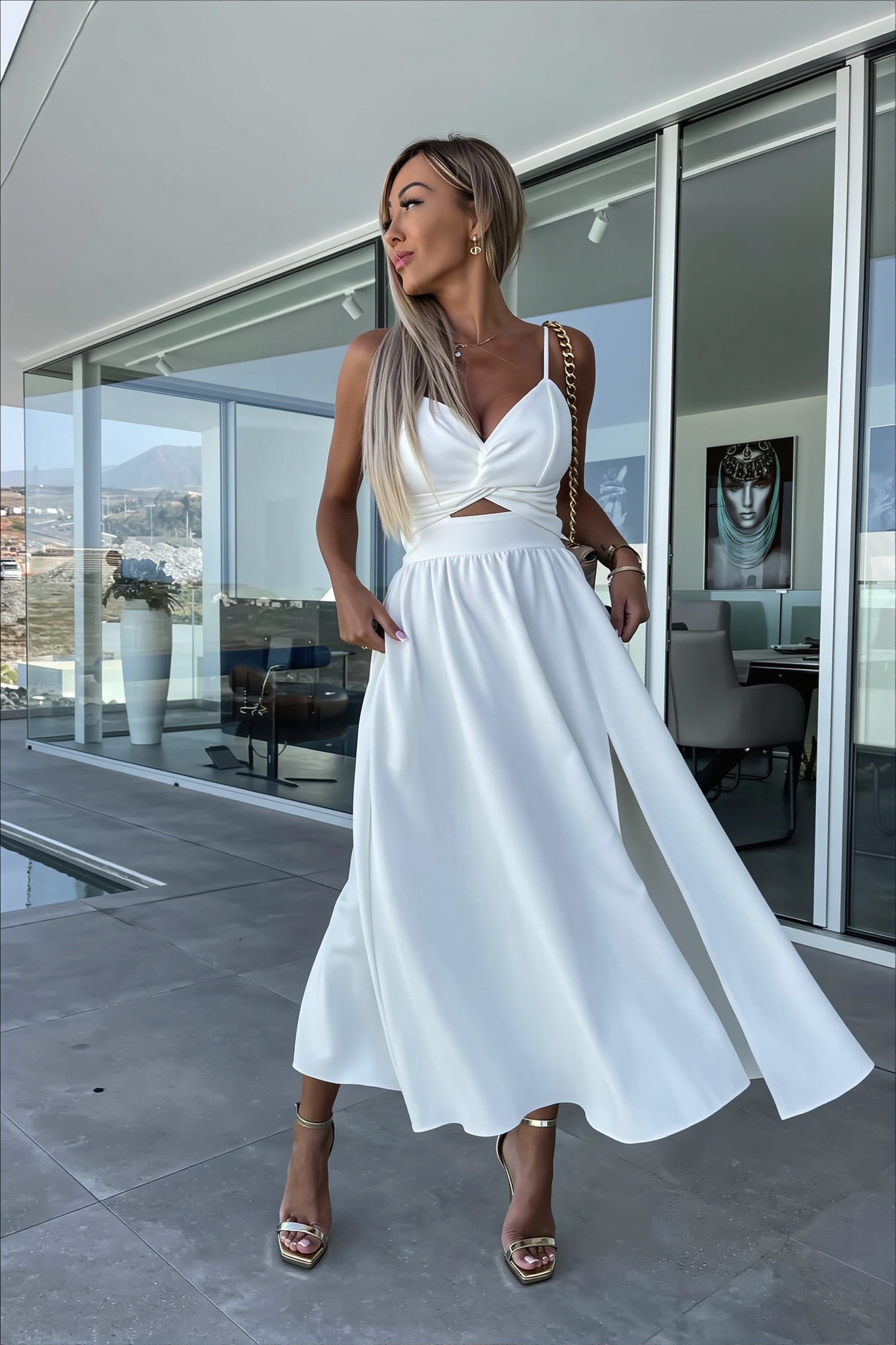 Deep-V Cutout Cami Swing Maxi Dress